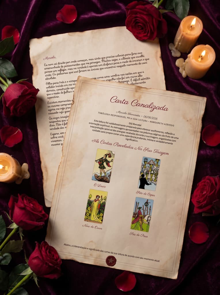 Carta Canalizada revelada sobre veludo com rosas vermelhas e velas