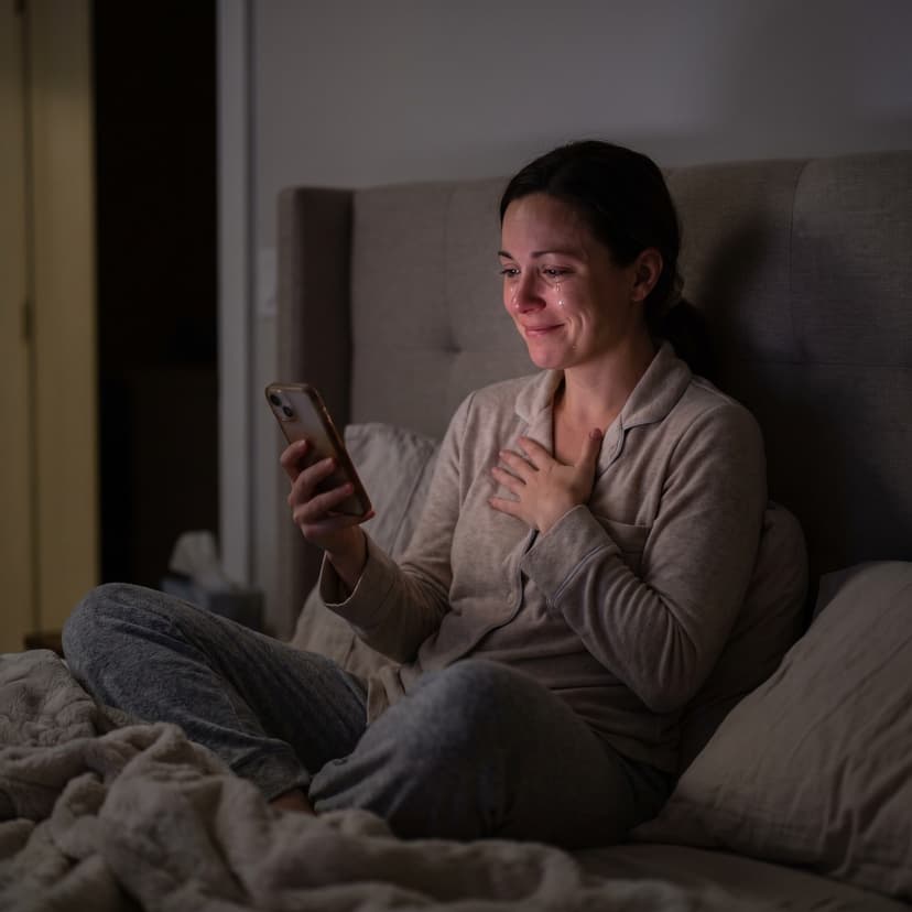 Mulher emocionada lendo a Carta Canalizada no celular